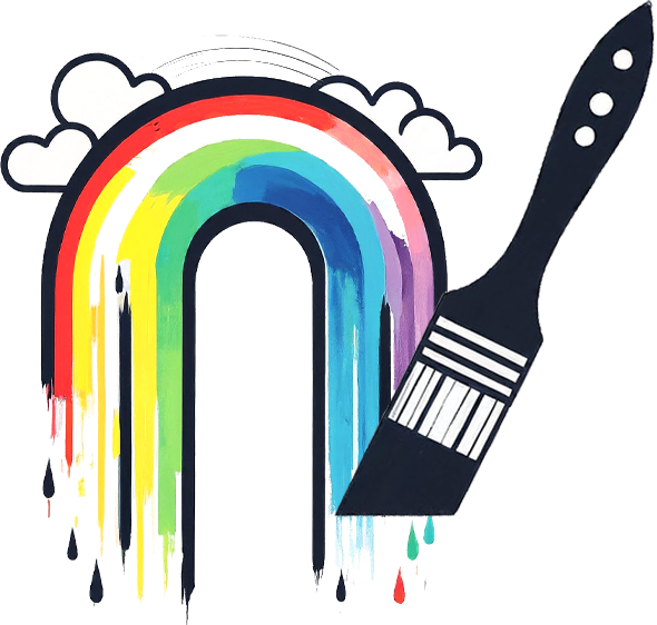 logo, rainbow in the clouds dripping with paint and a paint brush